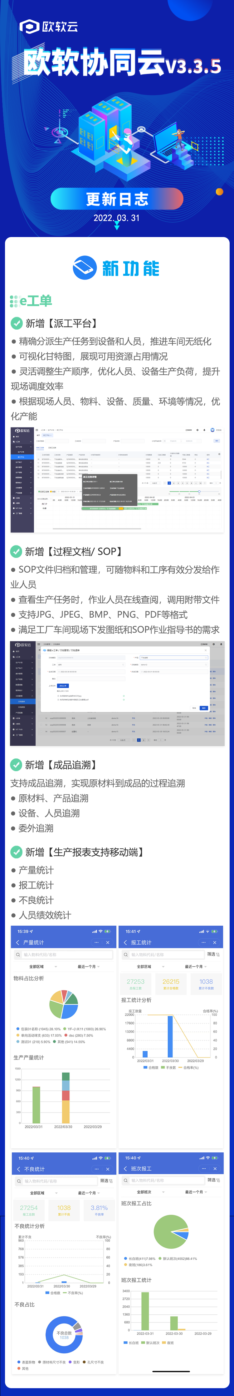 产品更新｜欧软协同云V3.3.5发布： 新增派工平台、过程文档/SOP、成品追溯、手机端生产报表(图1)